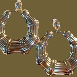 Classic Clip On  Large Bamboo Hoop Earrings Gold