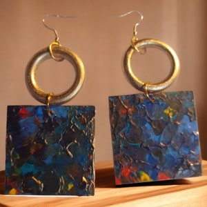 Abstract Handpainted Design Wooden Earrings pierced ears 3.5 inch
