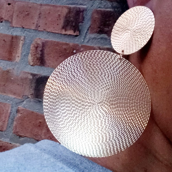 Extra large Hammered Metal Disc Clip On Earrings gold