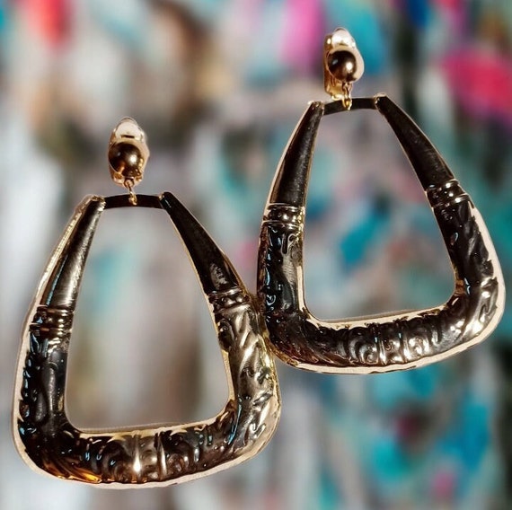 Giant Clip On  Fulani Bamboo Hoop Earrings gold r… - image 1