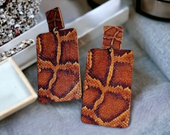 Extra Large Faux Snakeskin print Earrings large wood (pierced ears)