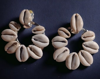 Handmade Cowrie Shell Hoop Clip On  Earrings silver