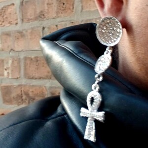 Handmade Rhinestone Ankh Earrings silver pierced ears