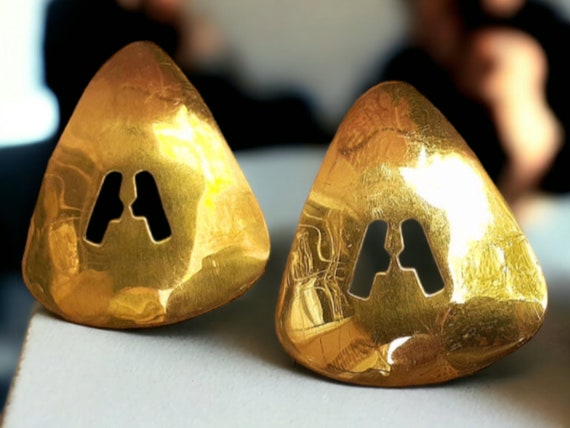 Vintage Chunky Brass A initial Earrings rare Kenya - image 1