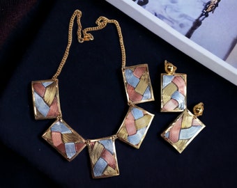 Vintage Handmade Abstract brass and copper Necklace and Clip On Earrings Set