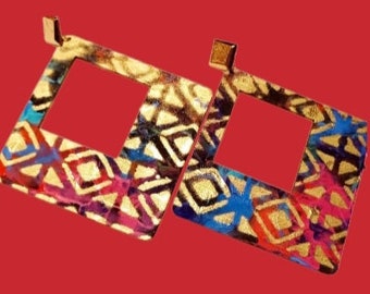 Extra Large Handpainted Abstract Afrocentric Design Wooden Hoop Earrings 6 inch