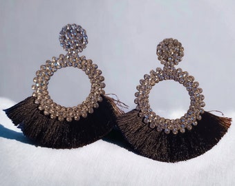 Beautiful Large and Blingy  felt Rhinestone Hoop tassel Dangle Earrings 5.5 inch pierced ears