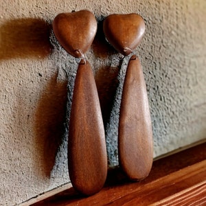 Giant handmade Clip On wooden Heart Dangle Earrings