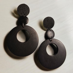 Handmade Chunky Wooden Hoop Clip On Earrings black