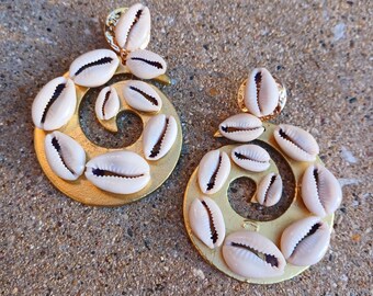 Handmade Cowrie Shell Hoop Earrings pierced ears