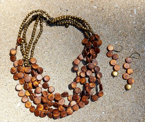 Vintage Wood and Brass Multi layer Necklace Set - image 2