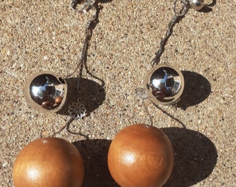 Handmade wooden Ball Dangle Clip On Earrings 4 in