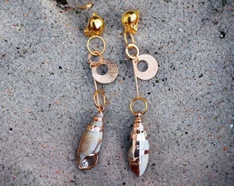 Handmade gold dipped Shell Clip On Earrings Beach Boho Style