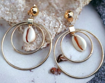 Handmade Gold Metal Multi Hoop and Cowrie Shell Clip On Earrings