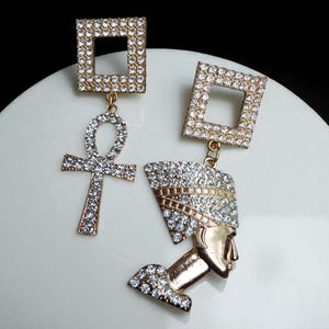 Handmade Egyptian Ankh and Queen Nefertiti Rhinestone Modern Assymetric  Earrings