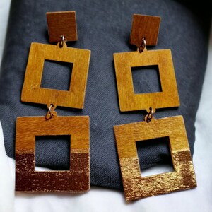 Handmade handpainted Natural Wood Geometric Earrings Clip on