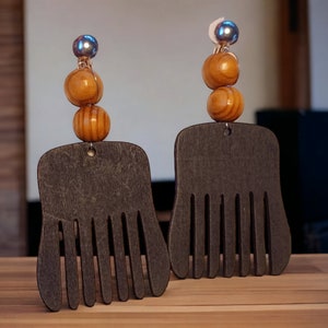 Handmade black Wood  Afro Pick Clip On Dangle Earrings