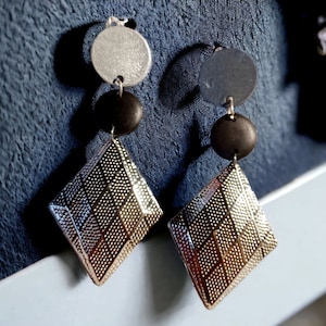 Handmade Boho Hammered metal Clip On Dangle Earrings black and silver