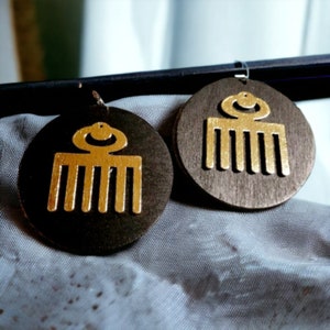 Natural Wood Adinkra Symbol Earrings pierced ears