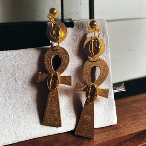 Handpainted Large Clip On Wooden Ankh Earrings