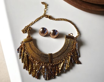 Brass tassel boho Collar Bib Necklace and Clip on Earrings