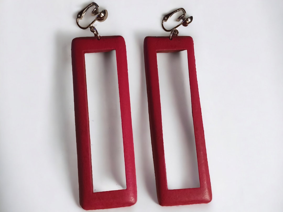 Rectangular Ear Clips Minimalist Wooden Rectangle Clip on Earrings Pink - Etsy