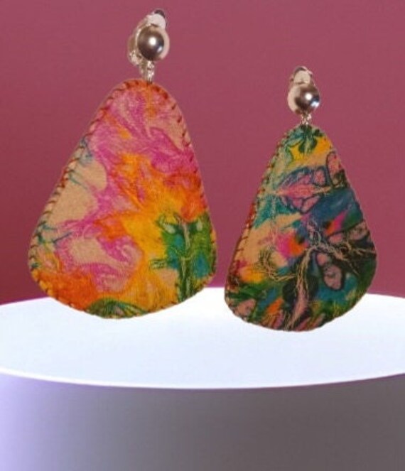 Extra Large Clip on Hand Dyed Leather  Earrings - image 1