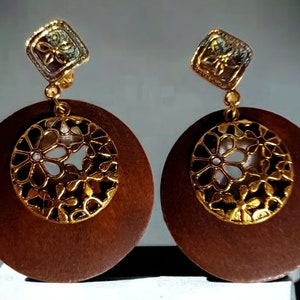 Wooden Boho Design Earrings Clip on Handmade