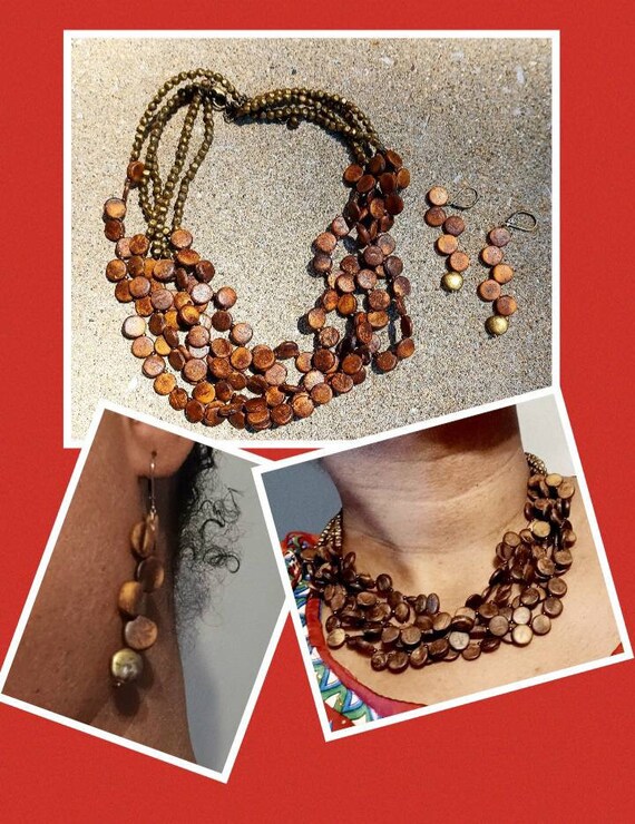 Vintage Wood and Brass Multi layer Necklace Set - image 1