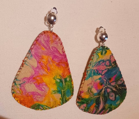 Extra Large Clip on Hand Dyed Leather  Earrings - image 2