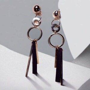Minimalist handmade Wood and metal Clip On Hoop Dangle Earrings black