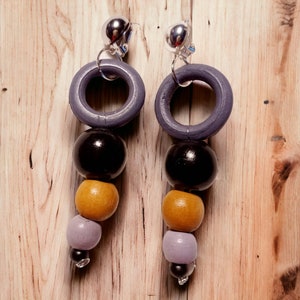 Minimalist handmade Wood and metal Clip On Hoop Dangle Earrings black