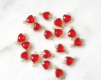2x Red Heart Connectors, Faceted Glass Links, Red Jewellery Joiners, Jewellery Supplies