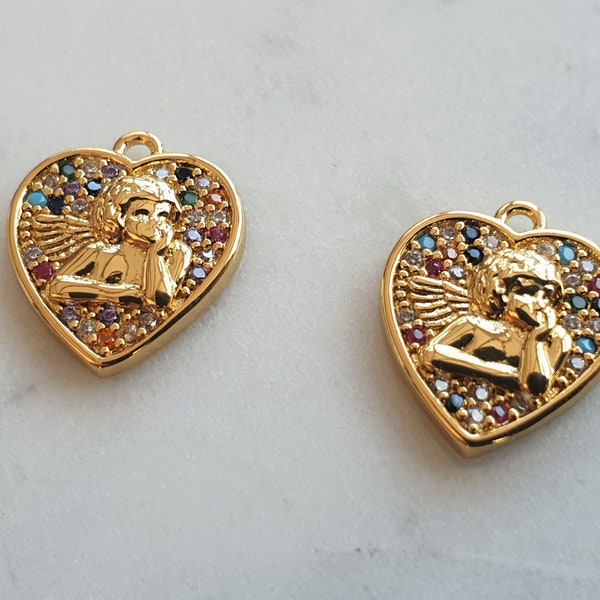Gold Cherub Pendants Micro Pave Angel Charms 18K Gold Plated Heart Pendants Multicoloured Cubic Zirconia Cupid Pendants