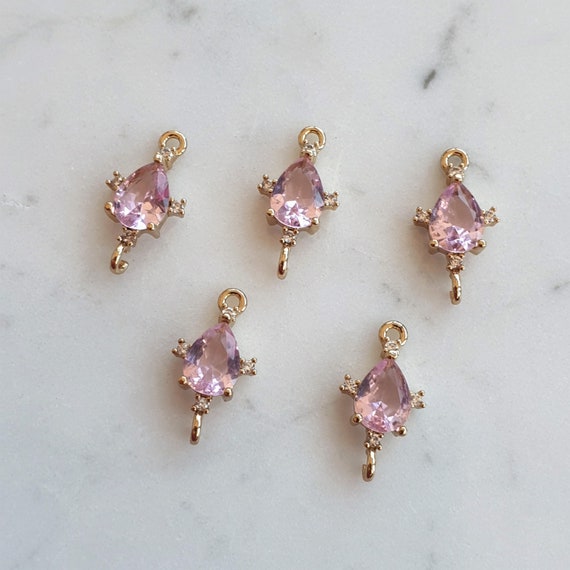 2 x Teardrop Crystal Links, Cubic Zirconia and Faceted Pink Glass Connectors, Gold Plated Crystal Connectors, Jewellery Supplies
