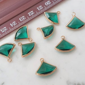 2 x Emerald Green Faceted Fan Pendants,  Green Glass Fan Charms, Jewellery Supplies