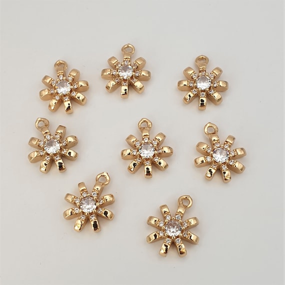 Gold Flower Charms, 14mm Multi Petal Flower Pendants, 18K Gold Plated Cubic Zirconia Charms, Jewellery Making Supplies