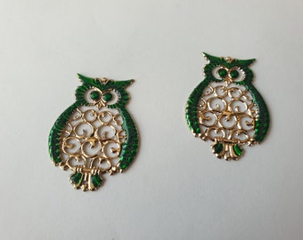 2X Gold Plated Connector, Owl Enamel Links Green