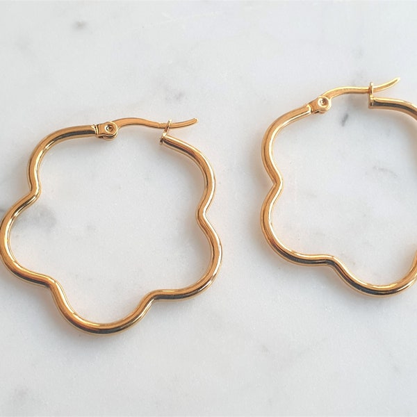 Large Flower Hoop Earrings, Golden Stainless Steel Hoop Earrings, 37mm Gold Flower Earrings