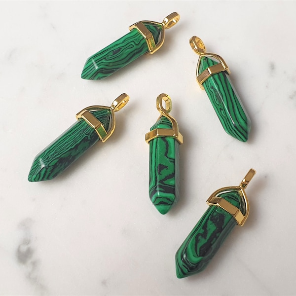 Malachite Pointed Pendants, Synthetic Malachite Gemstone Gold Cap Bails Pendants, Hexagon Gemstone Pendants, DIY Jewellery