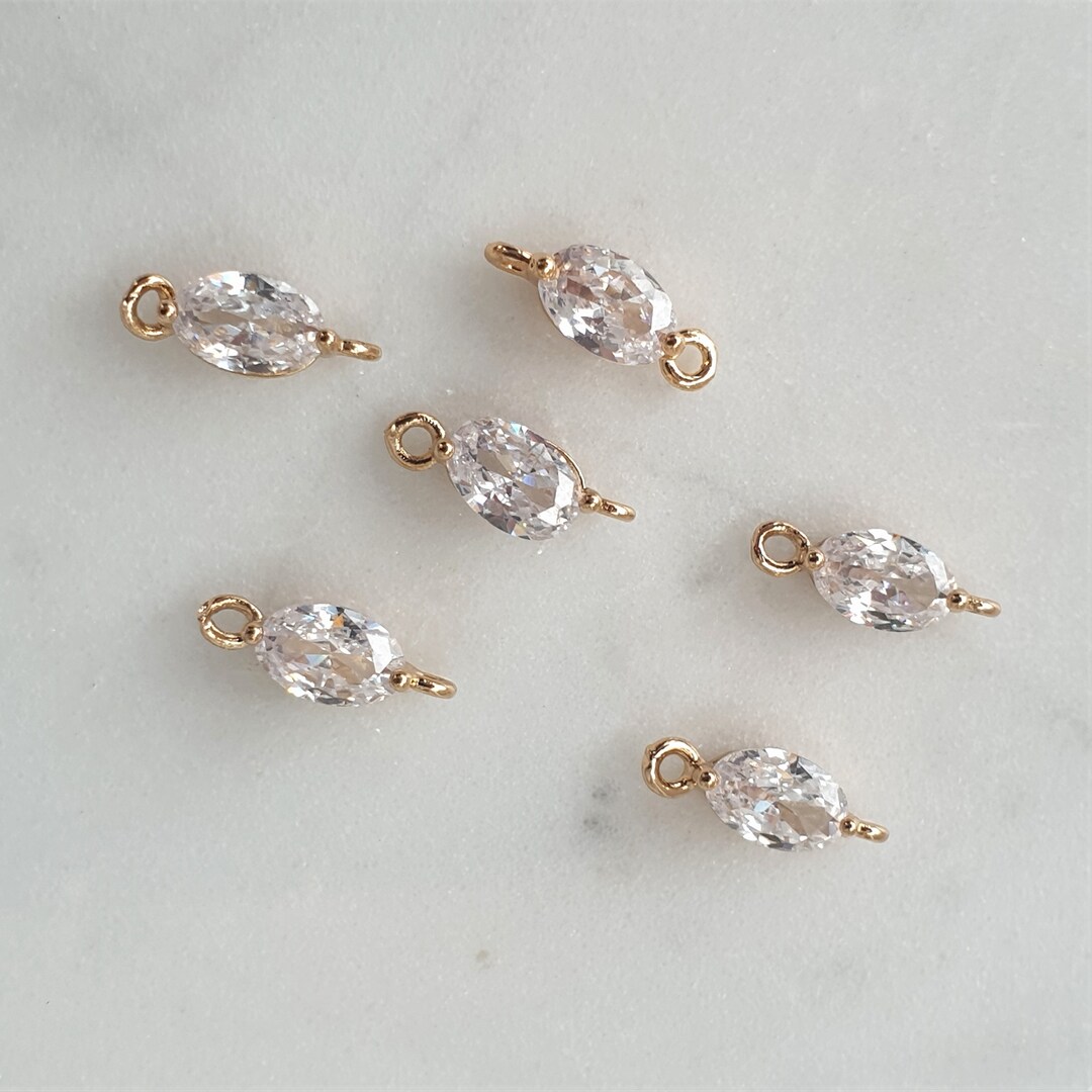 4x Cubic Zirconia Oval Connectors, Tiny Faceted Clear Gold Plated Oval