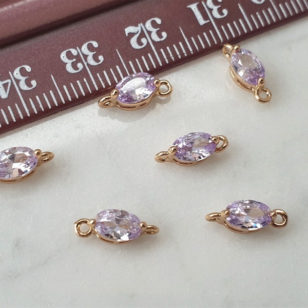 4x Cubic Zirconia Oval Connectors, Tiny Faceted Purple Gold Plated Oval Links Dainty Jewellery Joiners, Earring Making Jewellery Supplies
