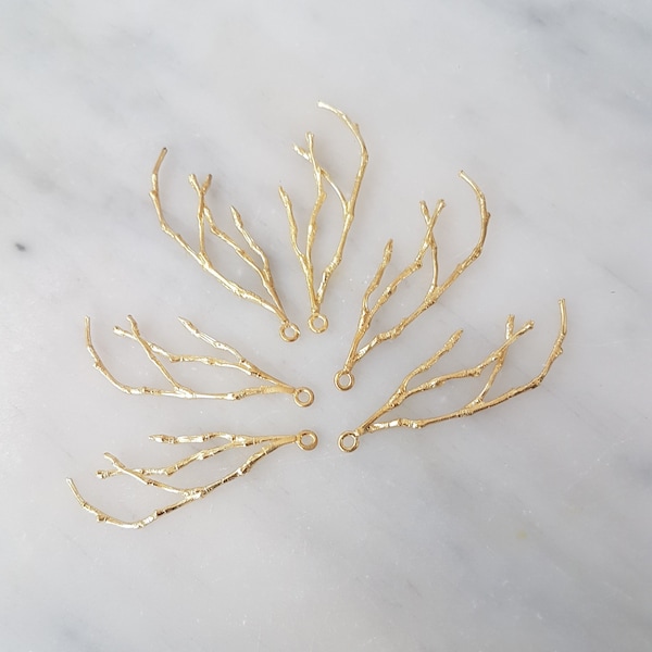 2x Gold Branch Pendants, Gold Tone Twig Charms, Raw Brass Pendants, Wedding Embellishments, Jewellery Supplies