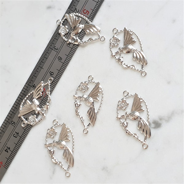 4X Silver Plated Connectors, Bird Brass Links, Silver Bird Teardrop Connectors, Jewellery Making Supplies