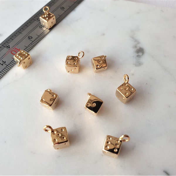 2x Gold Plated Dice Charms, Real 18K Gold Plated Brass Dice Pendants