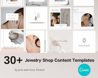 May include: A collection of 30+ Instagram post and story templates for jewelry shops. The templates feature various designs with text overlays such as "Our New Eternity Necklace", "Choosing Sustainable Jewelry", "Beauty in Simplicity", "Shop Sale", "Brand New Collection", "Buy One, Get One Sale", "Our Newest Piece", "You Are Beautiful", and "Jewelry Always Fits".
