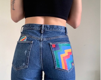 SOLD!!! Custom patched and painted jeans size 27