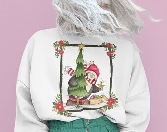 Sudadera con estampado de pingüino navideño: conjunto invernal con estampado de árbol de Navidad