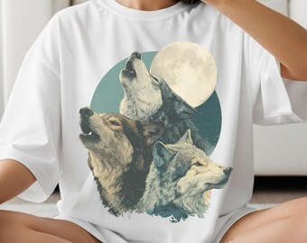 Shirt wolven bij maanlicht Comfort Colors® Vintage Wolf T-shirt Retro Wildlife Howling Pack Grafisch Rustiek Buitenshuis Natuurliefhebber Esthetisch Kleding