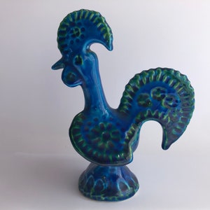 Aldo Londi for Bitossi Ceramiche Italy , Vintage Rooster, Model 9849/P, Turquoise Rimini Blue, Italian design, Mid-Century Modern, 22 cm